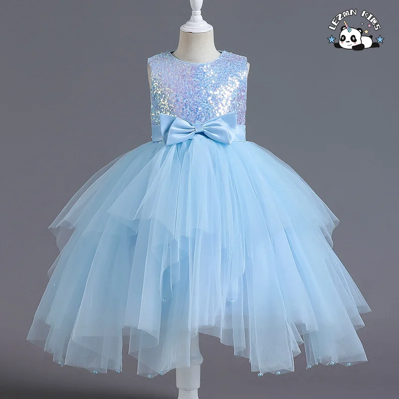 LEZONKIDS - Girls' Dress Sleeveless Skirt Irregular Short Dress Mesh Sequin Dress